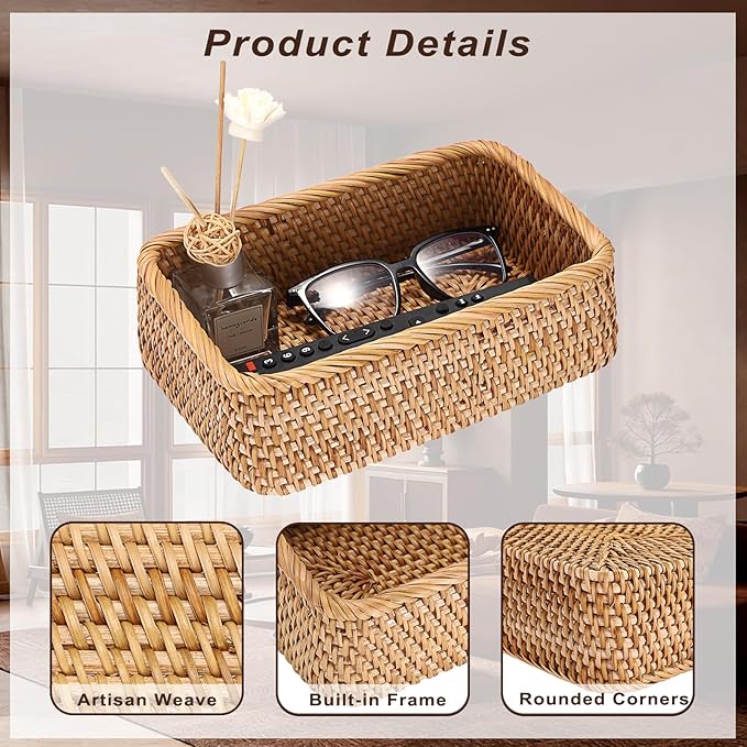 BTSKY Small Remote Basket for Coffee Table Entryway Living Room Rattan Serving Tray 9.6'' x 6.5'' Handwoven Wicker Baskets Decorative Tray for Wallet Remote Control Trinkets Rings Cosmetics Crackers
