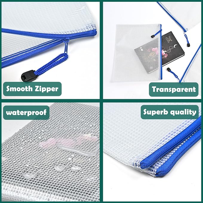10 Pcs Zipper File Bags, Waterproof Plastic Mesh Pouch for Office School, Board Game Storage Bags (B5 Size 11.4''x8.2'', White and Blue)