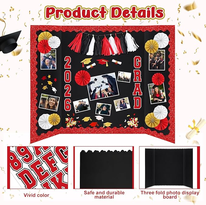 31 Pcs Graduation Photo Display Board Decoration 40"x28" Trifold Poster Board Graduation Themed Stickers Grad Fan Tassel Garland for 2026 Grad Party College Picture Frame (Red Black White)