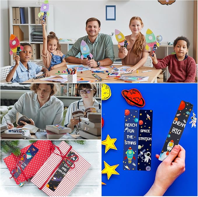 288 Pack Space Bookmarks Bulk for Kids, Outer Space Themed Party Favors, Astronaut Rocket Planet Galaxy Theme Birthday Party Favors, Bookmarks with Metal Charms for Boys Girls, Classroom Rewards Gifts