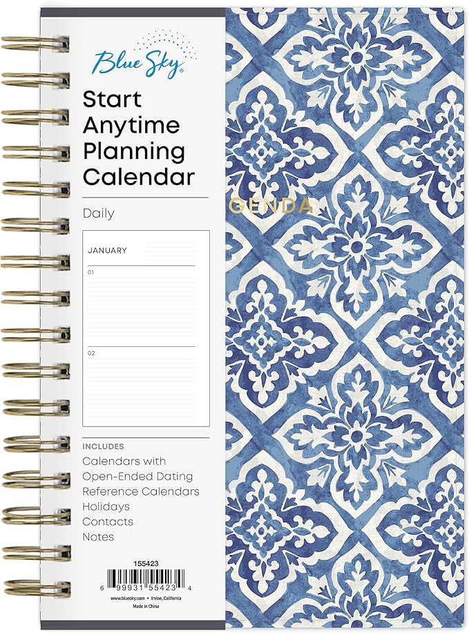 Blue Sky Perpetual Planner, Undated Planning Calendar, Daily Layout, 5" x 8", Open Ended Dating, Flexible Cover, Durable Twin Wire Binding, For Office and School, Tana