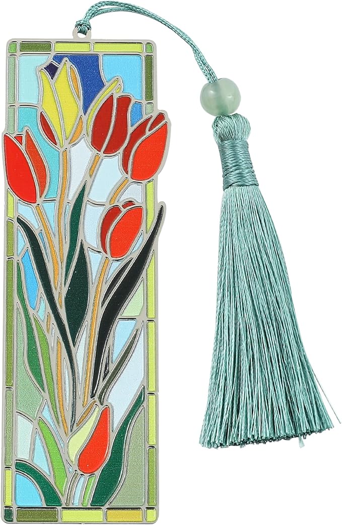 Elegant Tulip Flower Bookmark with Tassel for Women Lady - Metal Brass Book Mark for Book Lover Gifts, Studying Reading Supplies Books Accessories Collection