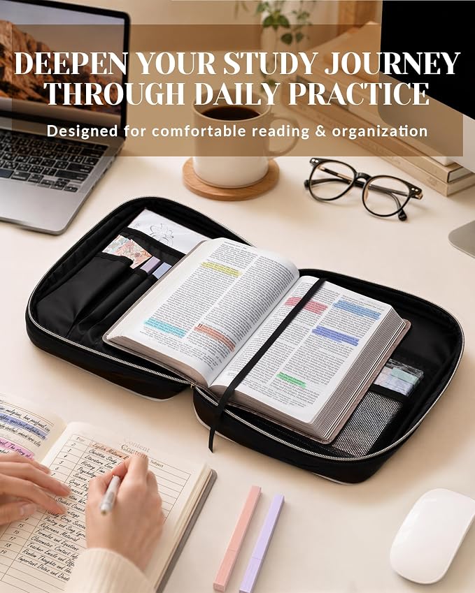 XKDOUS Quilted Leather Bible Cover Case for Women, Zippered Bible Carrying Bag with Study Supplies and Accessories, Waterproof Bible Organizer Holder for Church and Daily Use (White, Black & Brown)