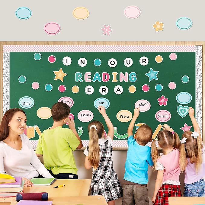 133Pcs Back to School Reading Bulletin Board Classroom Decoration, in Our Reading Era Cutouts Border Trims Bookworm Name Tags Back to School Party Supplies Classroom Chalkboard Wall Door Decor