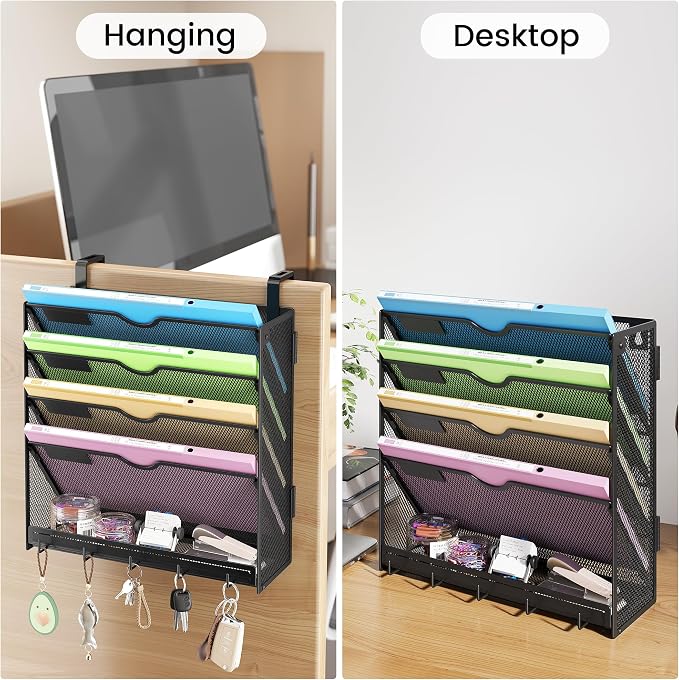 Hanging Wall File Organizer 5-Tier Wall Mount Mail Organizer & Desk Paper Organizer, Sleek Black Metal File Folder Holder for Office, Cubicle (Black-5 Tier)