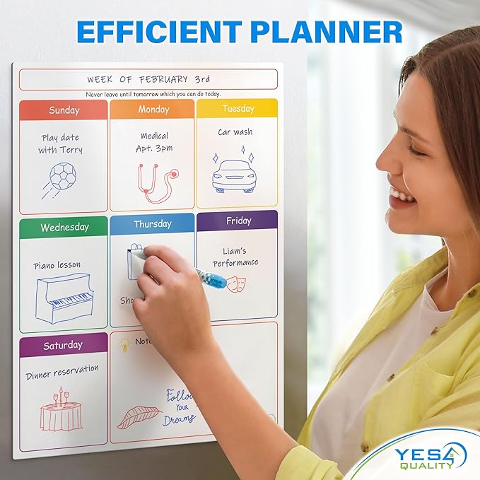 Magnetic Calendar - 16x12 Whiteboard - Dry Erase Calendar for Fridge - Monthly Refrigerator White Board Sheet with 3 Colorful Markers & Eraser, Meal Planner & Family Organizer - by Yes4Quality