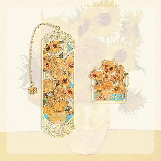 Luxury Metal Bookmark & Book Clip Gift Set, Oil Painting Themed Sunflowers, 1 Bookmark with Pendant + 1 Book Clip, Elegant Christmas New Year Gift Box for Women Book Lovers Writers Readers Teens