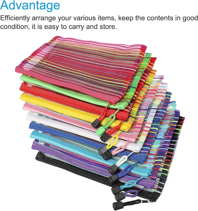 MECCANIXITY Mesh Zipper Pouches, A5 Pencil Case Document File Bags Storage Organizer for Office Supply Travel Accessory, Multicolor Pack of 10