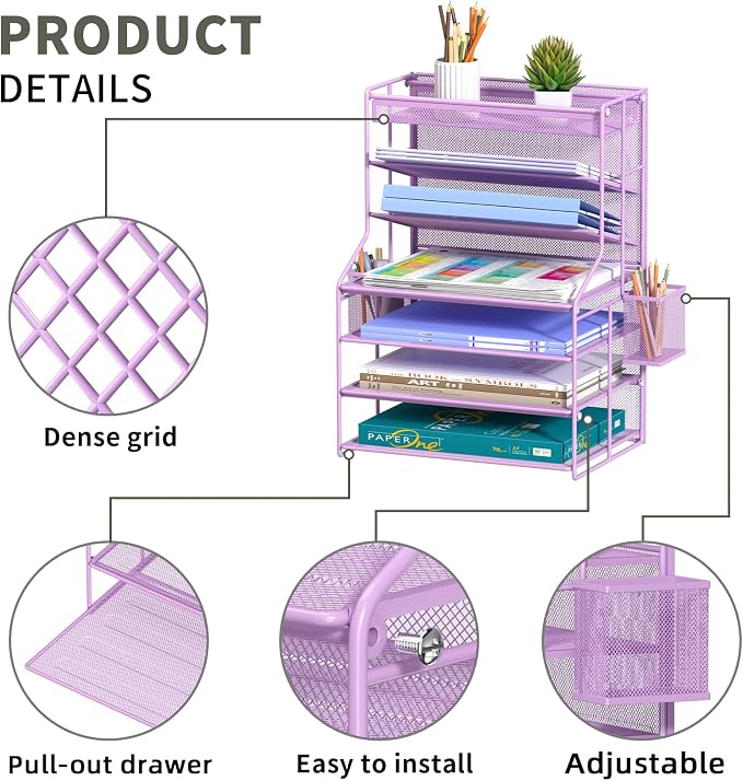Purple 7 Tier Desktop File Organizer, Letter Tray Paper Organizer with Pen Holder and Metal Hanging Basket, Vertical Desk File Holder for Home Office Organization