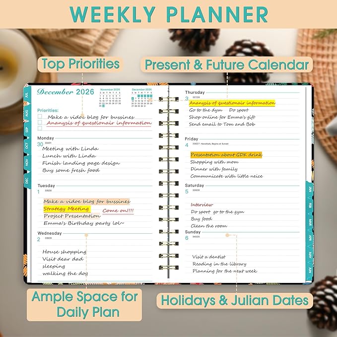 Planner 2026-2027, Academic Year Planner - Daily, Weekly & Monthly Calendar, Jul 2026 - Jun 2027, 6.3" x 8.5", Spiral Notebook with Tabs, Stickers & Inner Pocket, Ideal for School, Office, Home