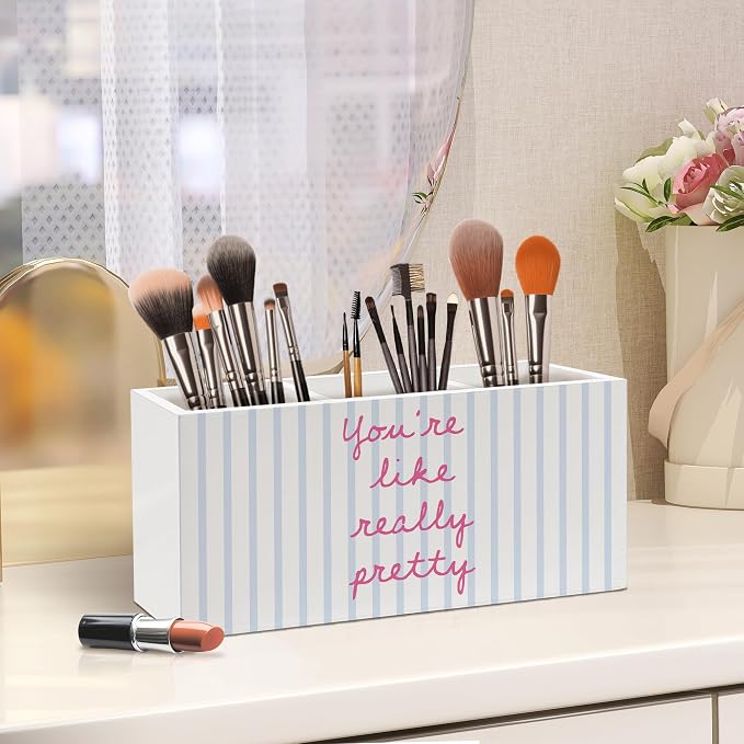 Inspirational Pen Holder, Positive Affirmations Office Pen Pencil Holder Organizer for Desk Accessories, Preppy Striped Wooden Box Desk Decor for Girls Room Bedroom Dorm Desk Decorations