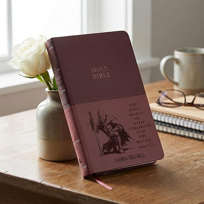 Personalized KJV Bible for Men Engraved Knight Design, King James Version Red Letter, Standard Print, Custom Name Scripture Verse, Christian Graduation Baptism Confirmation Gift, Brown Value Thinline