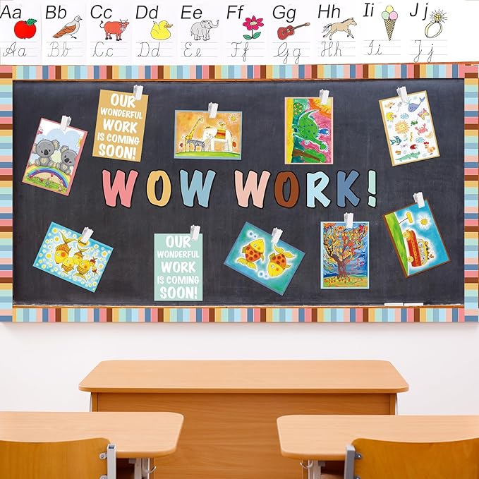 Mooliwe 139 Pcs Student Work Display Bulletin Board Decoration Set Colorful Wow Works Cutouts with Clips Names Display Classroom Wall Decor for Teachers Back to School Supplies(Morandi,Elegant)
