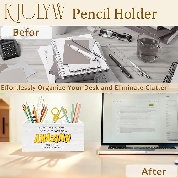 Motivational Pen Holder for Desk, You Are Amazing Inspirational Gifts for Women Men Coworkers Wooden Box Pencil Pen Holder Organizer for Home Office Desk Accessories