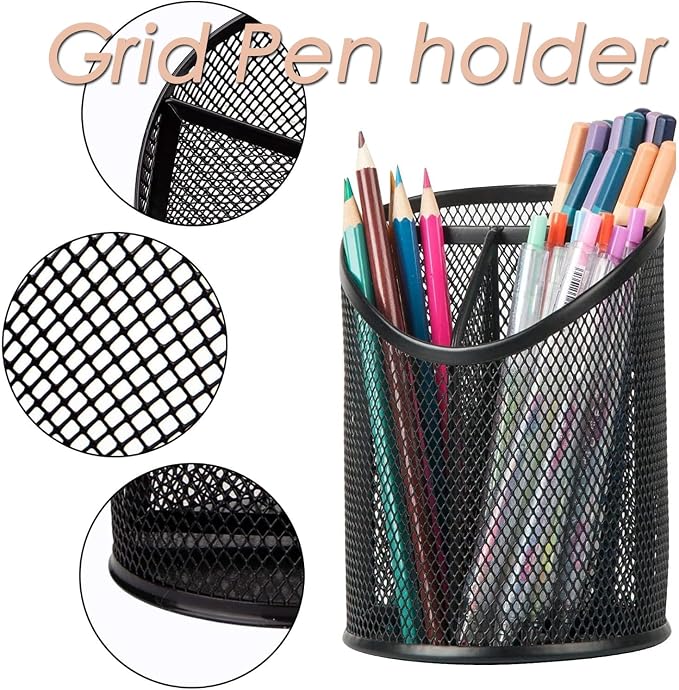 AKOAK Metal Net Pen Holder, Black 3 Compartments Pencil Organizer, Makeup Brush Organizer, for Office, Home, School, Desktop Organizer - Pack of 1