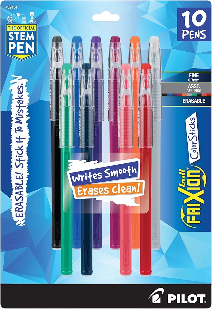 Pilot Frixion ColorSticks Erasable Gel Ink Pens, Fine Point (0.7mm), Assorted, 10 Count (32454)