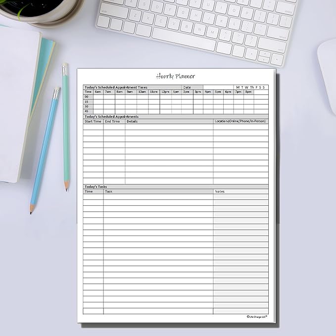 Life Charge Hourly Planner Notepad. 60 Page Planning Pad w/Appointment Time Block, Task Log List & Note Sections. For Office Work Schedule & Time Management. 8.5 X 11, A4 Sheets.