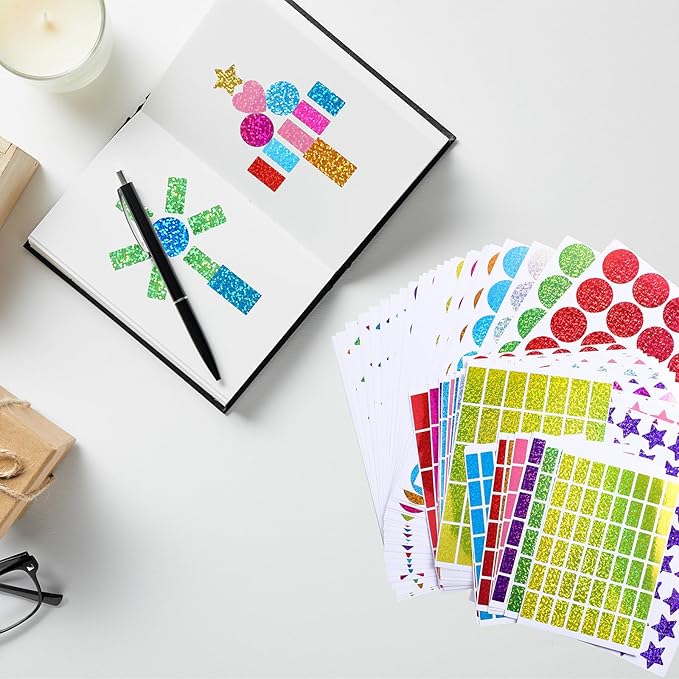 3320 Pcs Large Sparkly Multi Color Geometric Stickers 0.79&1.2in Round Heart Squares Star for Behavior Chart,Crafts Kids Reward DIY Student Classrooms Art Projects Offices