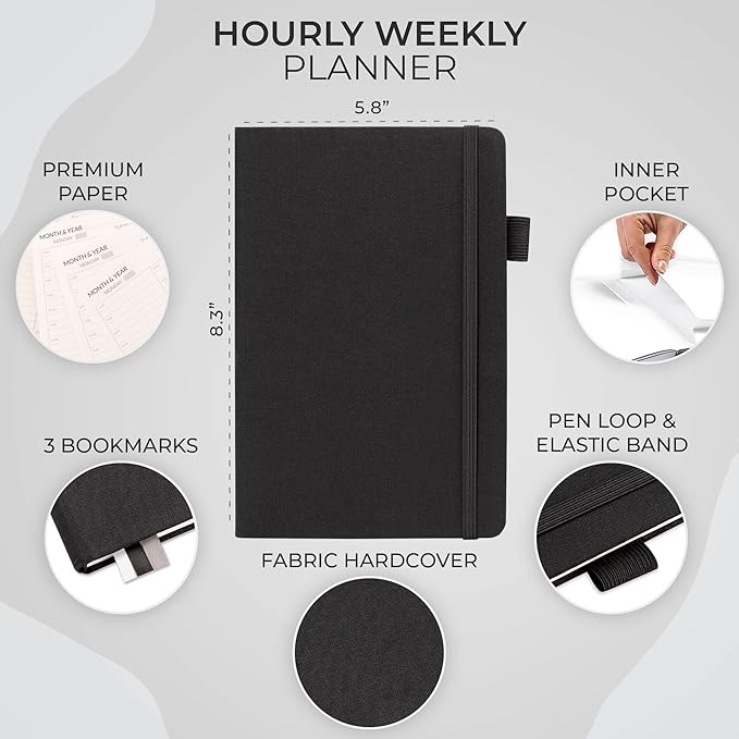 Skyline Hourly Weekly Planner – Undated Agenda & Daily Appointment Book – Time Blocking Notebook for Business Entrepreneurs, A5 (Black)