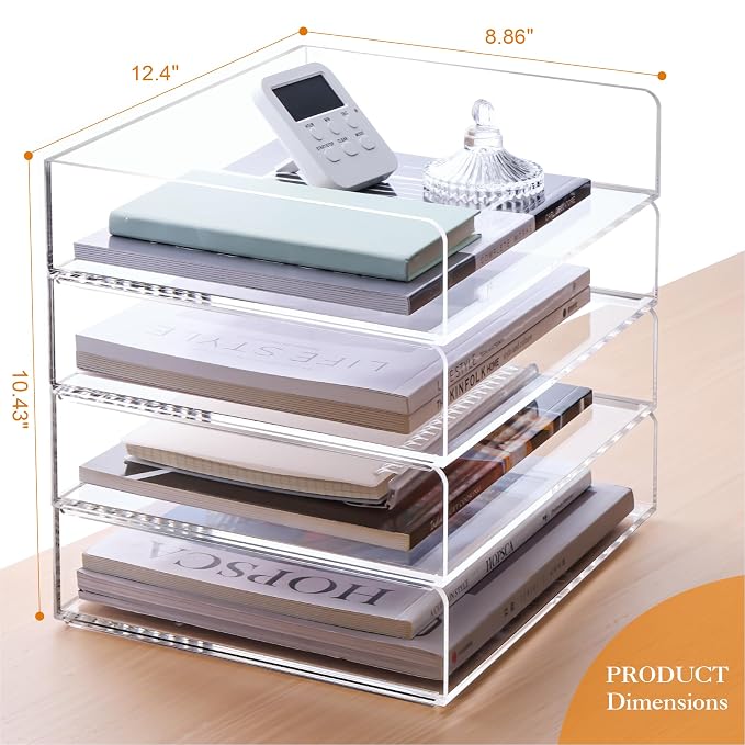 HeZone 4 Tier Paper Organizer for Desk,Acrylic Paper Tray,Clear Stackable Desk Organizer for Document, Office File,A4 Paper