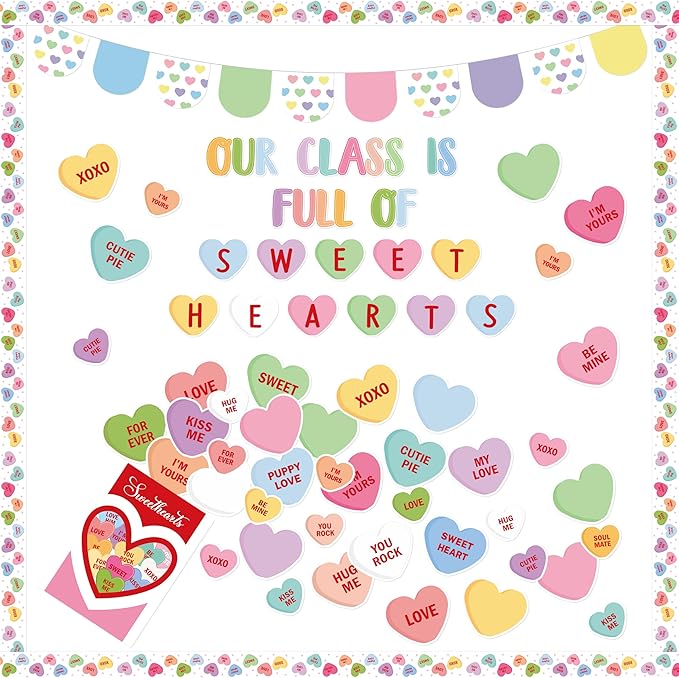 130Pcs Valentine’s Day Conversation Heart Bulletin Board Classroom Decoration Set, Sweet Candy Heart Cutouts Banner Name Tags, School Classroom Chalkboard Wall Decor Valentines Party Supplies