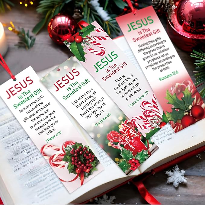 Cholemy 200 Pcs Jesus is The Sweetest Gift Bookmarks Christmas Christian Paper Bookmark Bible Candy Cane Religious Inspirational Bookmarks for Sunday School Classroom Reading Rewards
