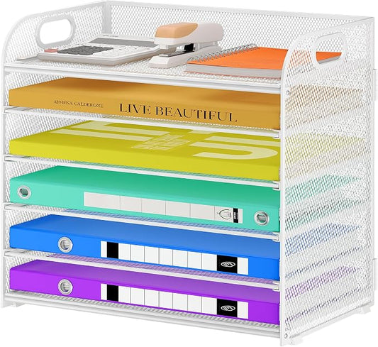 Cawukege 6 Tier Paper Organizer, White Letter Tray with Handle, Mesh Desk Organizer, Metal File Organizer, Office Desk Accessories for Home, Office, Classroom, School