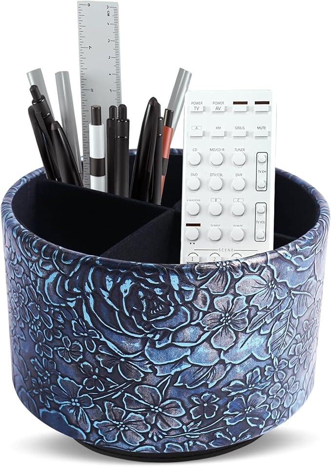 Round Leather Art Supply Organizer,Remote Control Holder,360 Degree Spinning,Multi-Functional Pencil Holder,4 Compartments Desktop Stationary Organizer(1-Rich Flower Blue)
