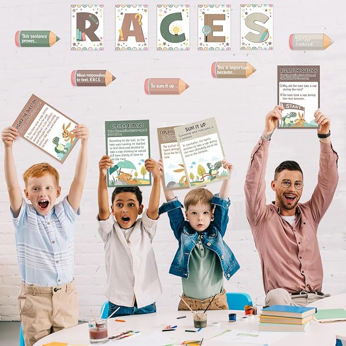 Outus 36 Pcs RACES Writing Strategy Bulletin Board Set, Alphabet Cutout Poster Sentence Starters Cards for Elementary School Classroom, Writing Display Wall Decoration Teacher Supply(Morandi)