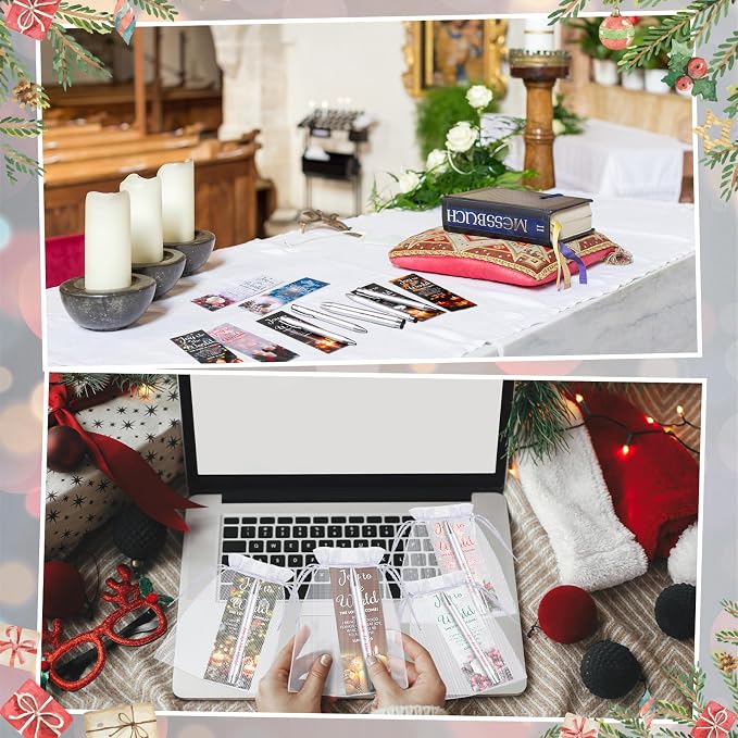 Dispowreath 24 Pcs/12 Sets Christmas Joy to the World Gift, Include 12 Xmas Luke 2: 10 Bookmark 12 Bible Verse Ballpoint Pen for Christmas Church Prizes Party Favors