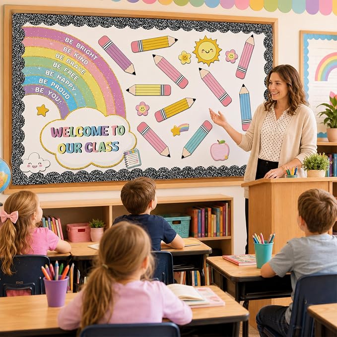 Rainbow Bulletin Board Set Back to School Classroom Decoration Colorful Pencil Bulletin Board Composition Notebook Inspirational Positive Affirmation Paper Cutouts for Classroom Chalkboard Wall Decor