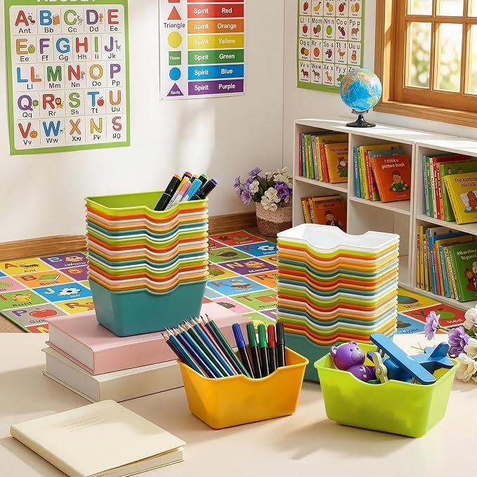 WUWEOT 30 Pack Mini Storage Baskets Bins, Plastic Small Classroom Organizer Tray Bulk, Colorful Rectangular Pencil Container for Drawer Desk Bathroom Home Office School