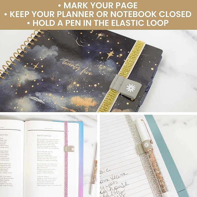bloom daily planners Elastic Planner Bands with Pen Holder Loop - Set of 3 Stretchy Closure Bands/Bookmarks for Planners, Journals, Notebooks & More - Gold, Pink, Silver