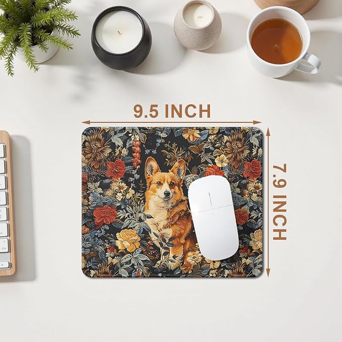 Vintage Floral Corgi Mouse Pad, Dog Lover Gifts for Women, Cute Cottagecore Puppy Animal Mouse Pad for Home Office Computer Gaming Desk Essentials, 9.5x7.9 Inch