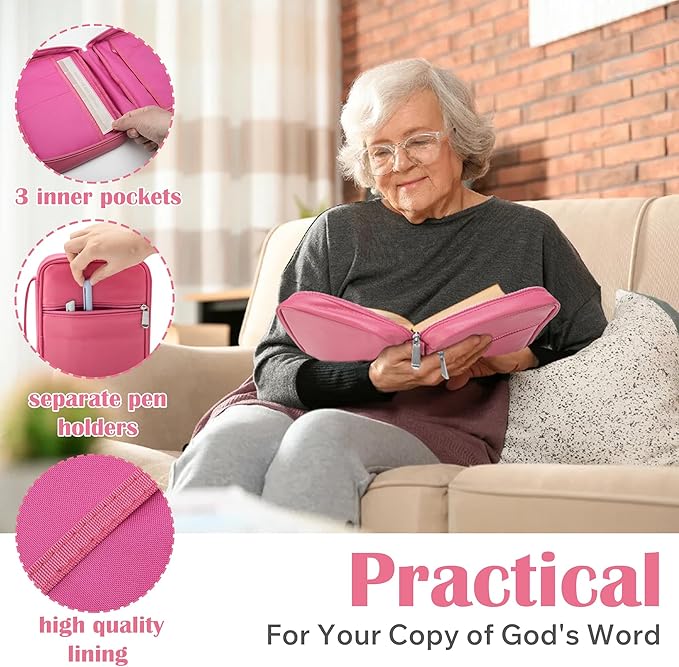 Small Bible Cover Case for Women and Men, 9x6 PU Leather Bible Sleeve, Compact Travel Bible Carrier Bag with Front Pen Holders, Zipper Closure, Inner Pockets - Hot Pink