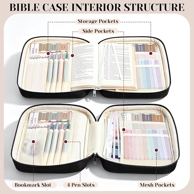 XKDOUS Large Bible Cover, Bible Bag with Handle, Durable Cross Design Bible Case with Bible Accessories, Bible Cover Case for Women and Men, Christian Gift (Black)