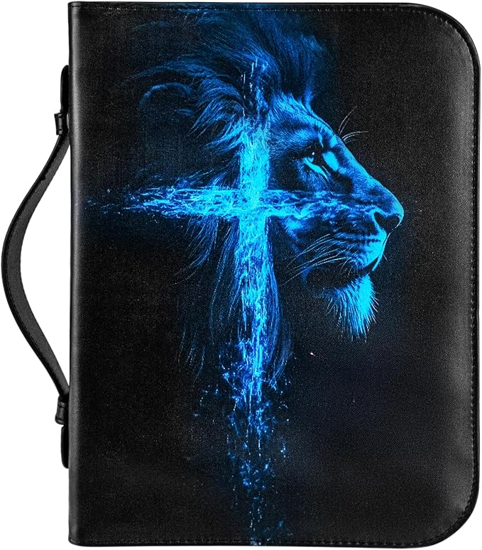 Bible Cover, Bible Carrying Book Case for Men,Protective Bible Organizer Holder Bag with Handle and Zippered Pocket, Christian Gift for Girls Boy (Blue Lion, XL)