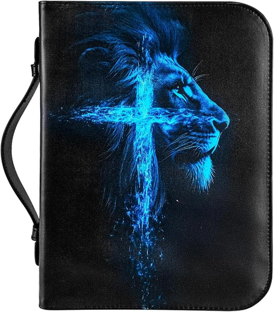 Bible Cover, Bible Carrying Book Case for Men,Protective Bible Organizer Holder Bag with Handle and Zippered Pocket, Christian Gift for Girls Boy (Blue Lion, XL)