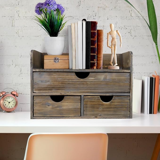 Besti Wooden Office Desk Organizer - Organizing Tool for Desktop, Cubicle, Bedroom, Kitchen - Vintage Style Organization Caddy with Top Tray Shelf & 3 Drawers - 13.6x9x7 Inches (Rustic)