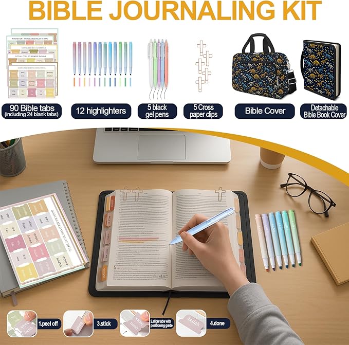 Dinosaur Bible Cover Case for Kids Boys Mens, Large T-rex Bible Carrying Book Case Church Bag Strap Handle Zipper Pocket, Bible Study Supplies Journaling Kit, Highlighters Pens Cross Clips