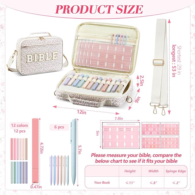 Sinload Quilted Bible Cover Case for Women 12 x 9 x 2.5 Inch Bible Chenille Letter Bag with Shoulder Strap Carrying Tabs 6 Colored Pens 12 Highlighters Christian Church Study Gifts(Pink,Floral,)