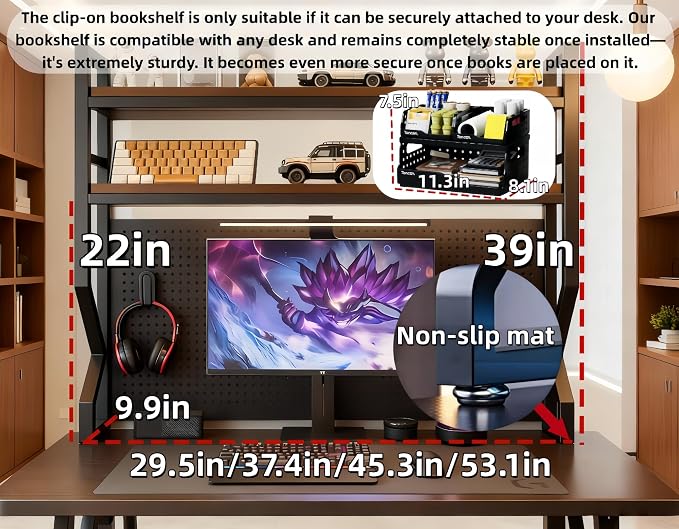 Desktop Hutch Bookshelf,Many Gifts,Metal Desktop Bookcase with pegboard, Desk Shelf, Countertop Storage Organizer Rack for Dorm or Office,Desktop Shelves Brown（ 37.4" Lx9.9 Wx39 H