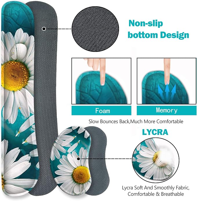 ARTSO Large Gaming Mouse Pad Set, Keyboard Wrist Rest Support + Mouse Wrist Cushion + Extended Mousepad + Coaster, 35x15.5in Multifunctional Desk Mat 4pcs, Cute Daisy