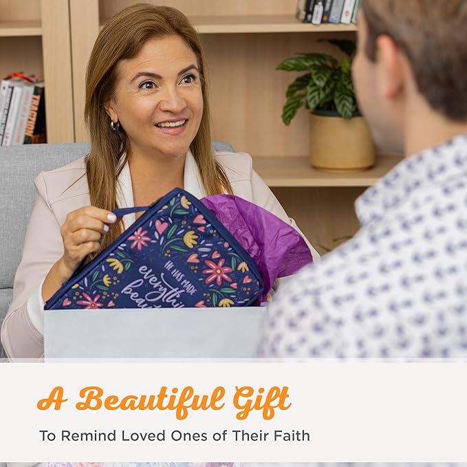 Christian Art Gifts Men/Women's Bible Cover Everything Beautiful Ecclesiastes 3:11, Blue Floral Canvas, Medium