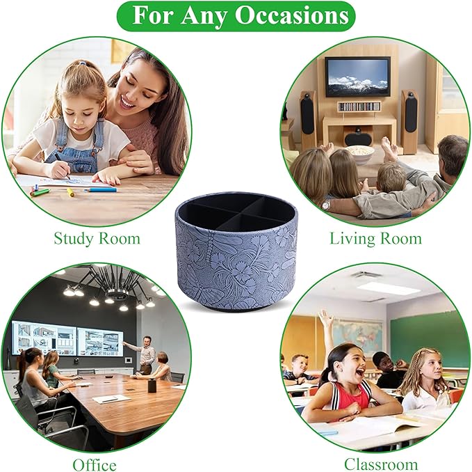 Round Leather Art Supply Organizer,Remote Control Holder,360-degree Rotating Pen Organizer with 4 Compartments(1-Butterfly Blue2)