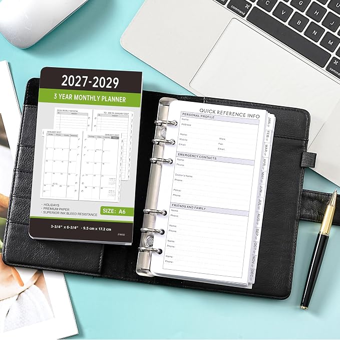 2027-2029 Monthly Planner Refill - A6 Size, Planner Inserts with 6-Hole Punched, JAN 2027 - DEC 2029, Two Pages Per Month, 2027-2029 Monthly Calendar with Tabs