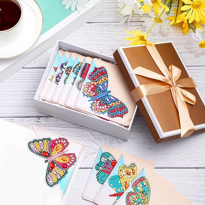 Ireer 12 Pcs 5D Diamond Painting Corner Bookmark Rhinestone PU Leather Diamond Painting Bookmark Triangle Art Bookmarks for Home Office Beginner Adults Birthday Mother Gift(Butterfly Style)