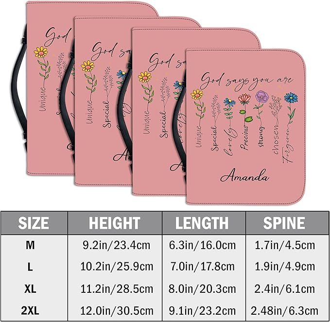 Custom Leather Bible Cover with Name – Personalized Bible Case for Women, Zippered with Handle, Bookmark & Storage Pockets, Christian Gift for Mom, Daughter, Grandma (God Says You are, M-2XL)