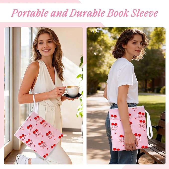 Book Sleeve with Zipper, 11''x 9'' Waterproof Paperback Sleeve for Book Lovers Books Pouch Cover with Handle for Hardcovers Kindle Sleeve for Reader Teacher Women (Red Cherries, 11x 9 inch)