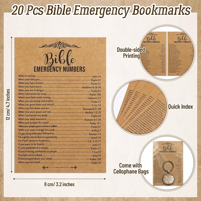 Tondiamo 20 Set Christian Fathers Day Keychain Gifts Bulk Bible Verse Religious Keychain Inspirational Keyring with Emergency Numbers Bookmarks Gifts for Graduation Stuffers Church Sunday School